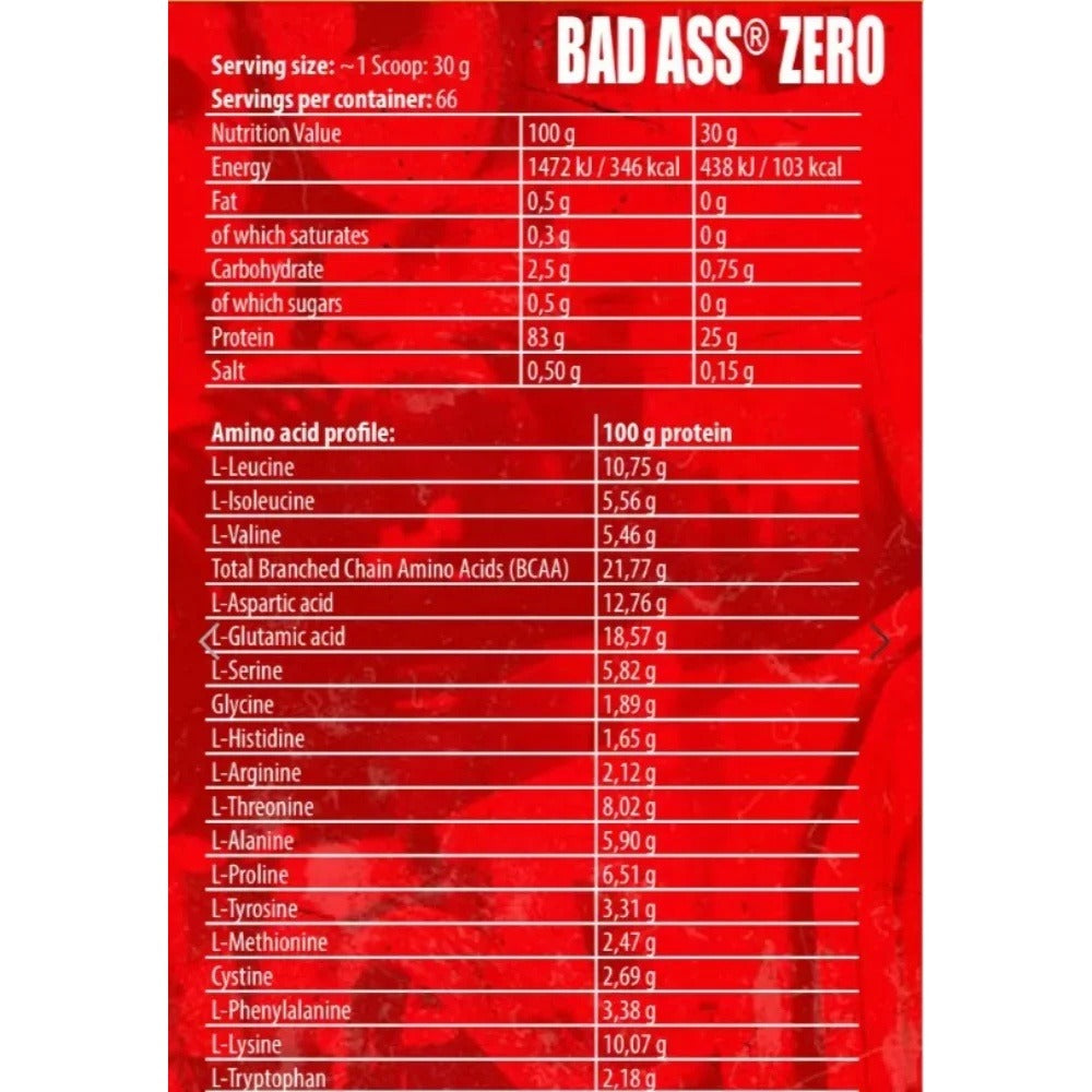 Nutrition facts for BAD ASS ZERO 2KG - Chocolate