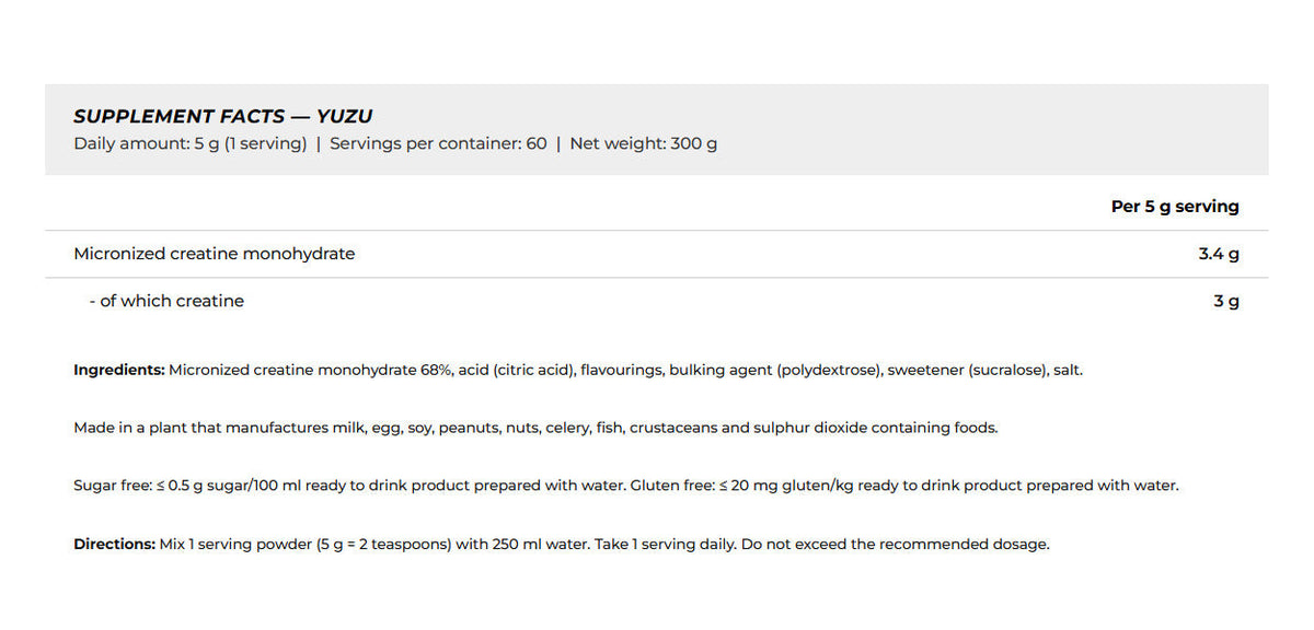 Nutrition facts for BioTechUSA 100% Creatine Monohydrate Flavored 300G - Yuzu