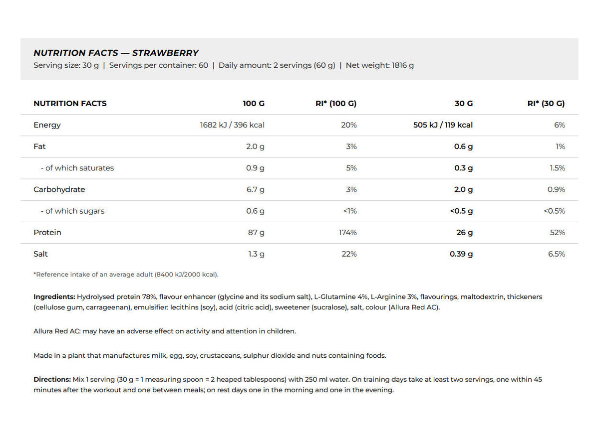 Nutrition facts for BioTechUSA Beef Protein 1.82KG - Strawberry
