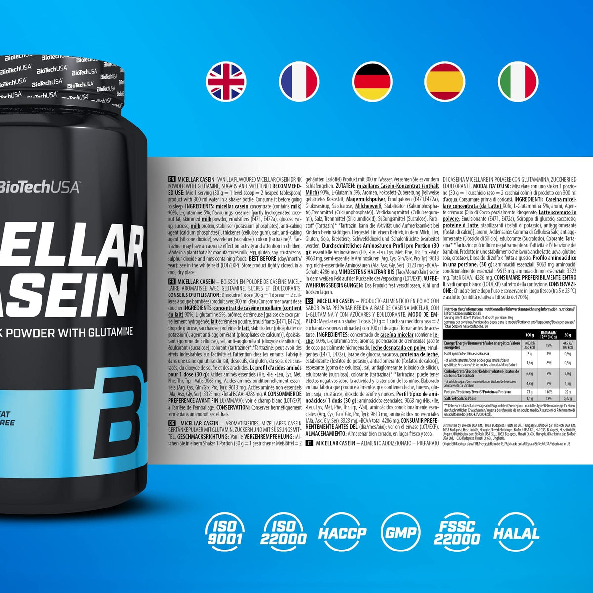 Nutrition facts for BioTechUSA Micellar Casein 908G - Vanilla