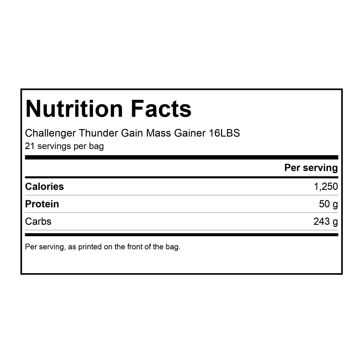 Nutrition facts for Challenger Thunder Gain Mass Gainer 16LBS