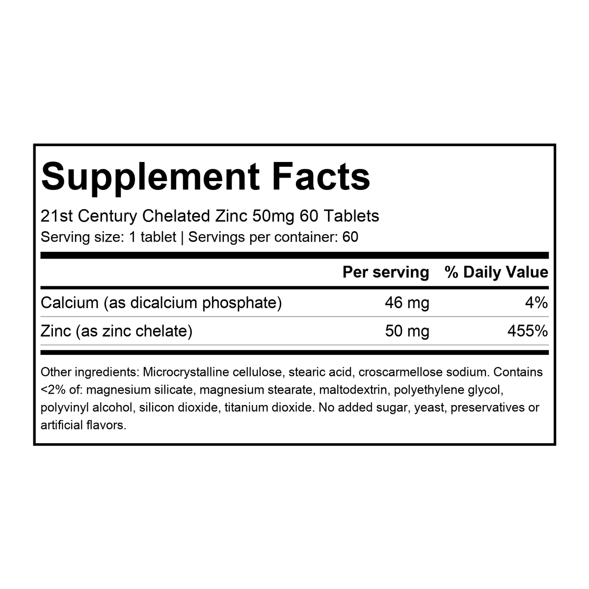 Supplement facts for 21st Century Chelated Zinc 50mg 60 Tablets