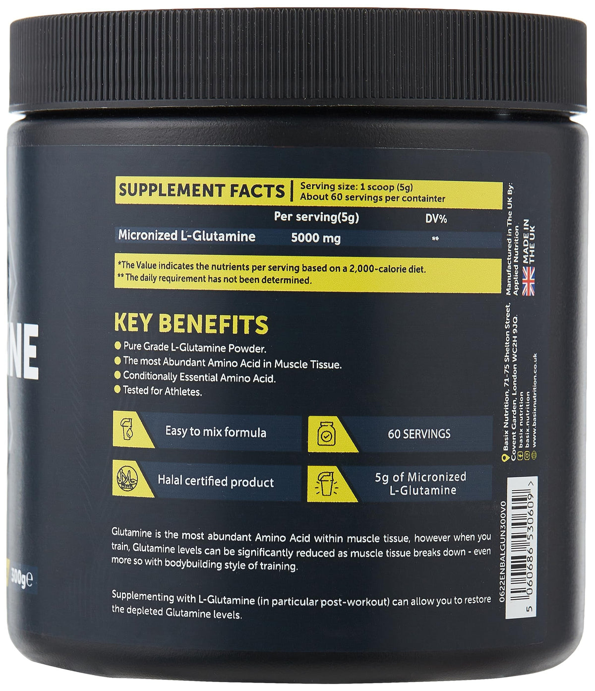 Nutrition facts for Basix L-Glutamine 300G