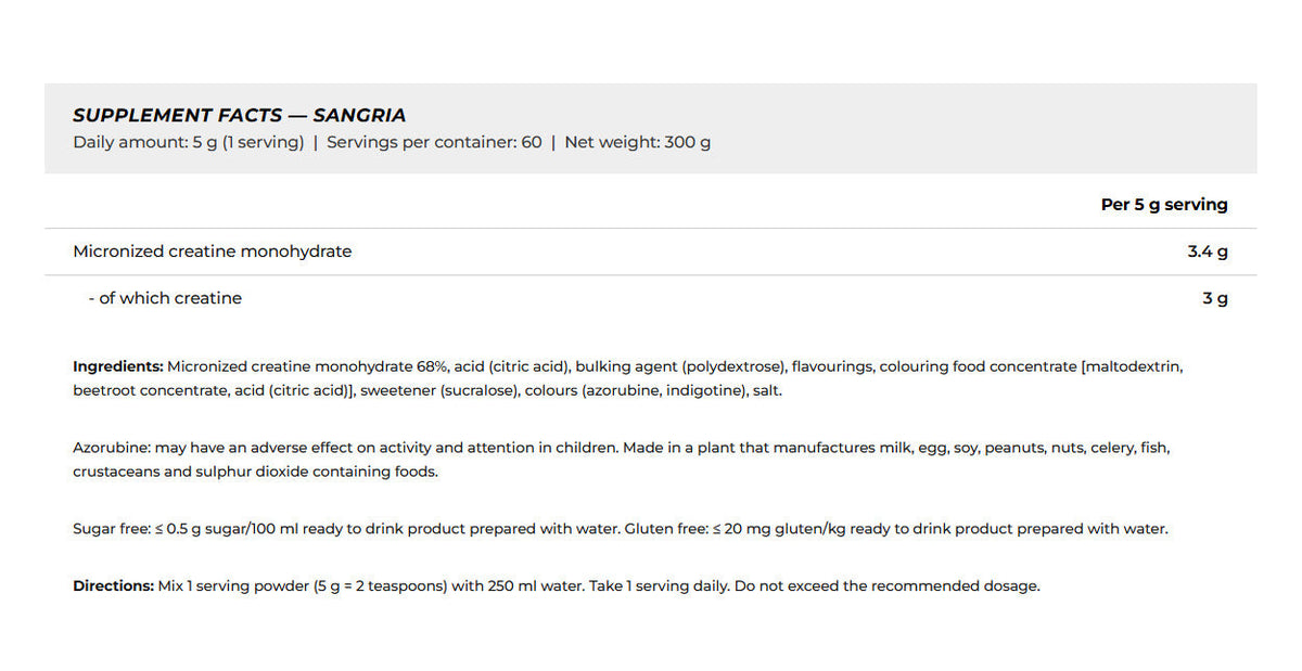 Nutrition facts for BioTechUSA 100% Creatine Monohydrate Flavored 300G - Sangria