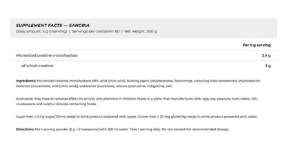 Nutrition facts for BioTechUSA 100% Creatine Monohydrate Flavored 300G - Sangria
