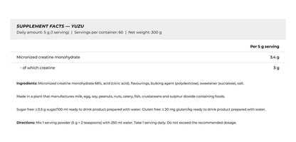 Nutrition facts for BioTechUSA 100% Creatine Monohydrate Flavored 300G - Yuzu
