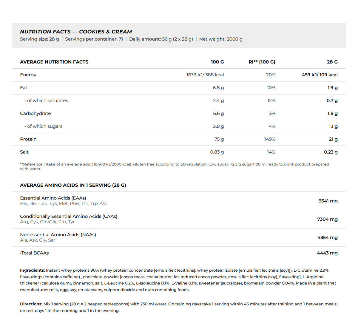 Nutrition facts for BioTechUSA 100% Pure Whey 2000G - Cookies & Cream