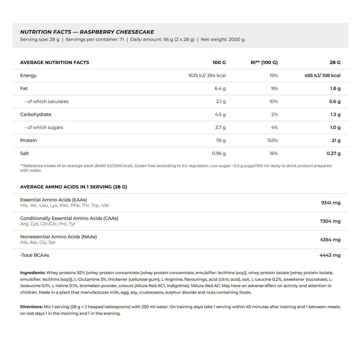 Nutrition facts for BioTechUSA 100% Pure Whey 2000G - Raspberry Cheesecake