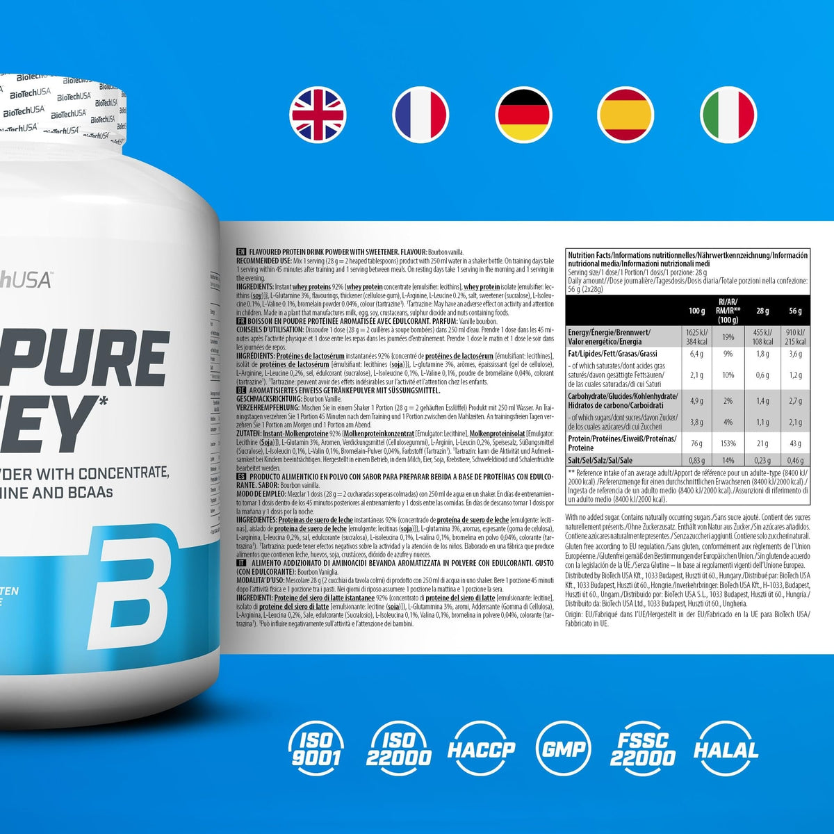 Nutrition facts for BioTechUSA 100% Pure Whey 5LBS - Bourbon Vanilla