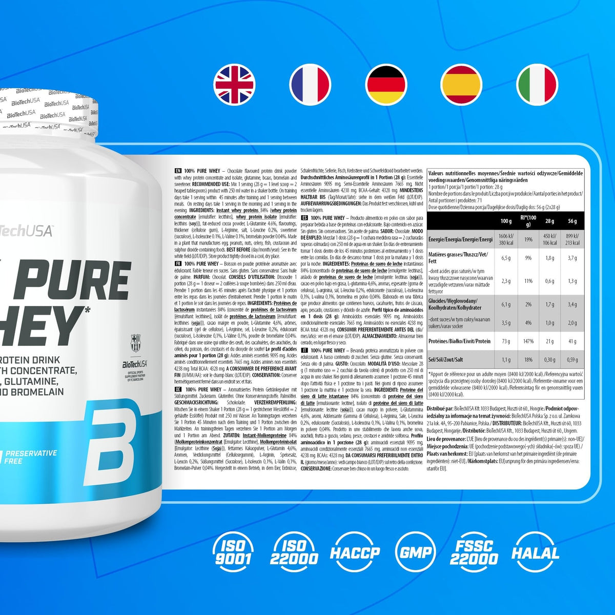 Nutrition facts for BioTechUSA 100% Pure Whey 5LBS - Chocolate