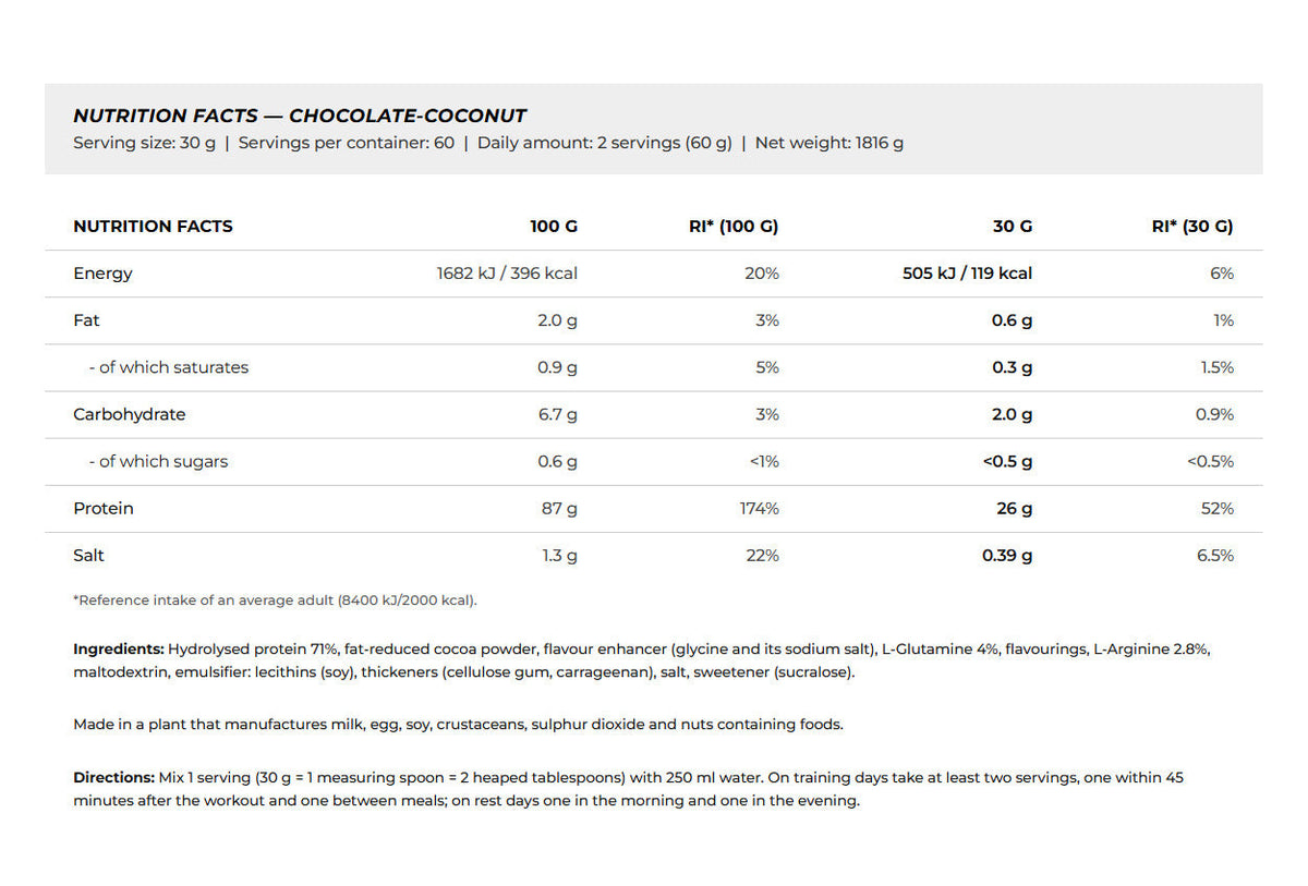 Nutrition facts for BioTechUSA Beef Protein 1.82KG - Chocolate Coconut