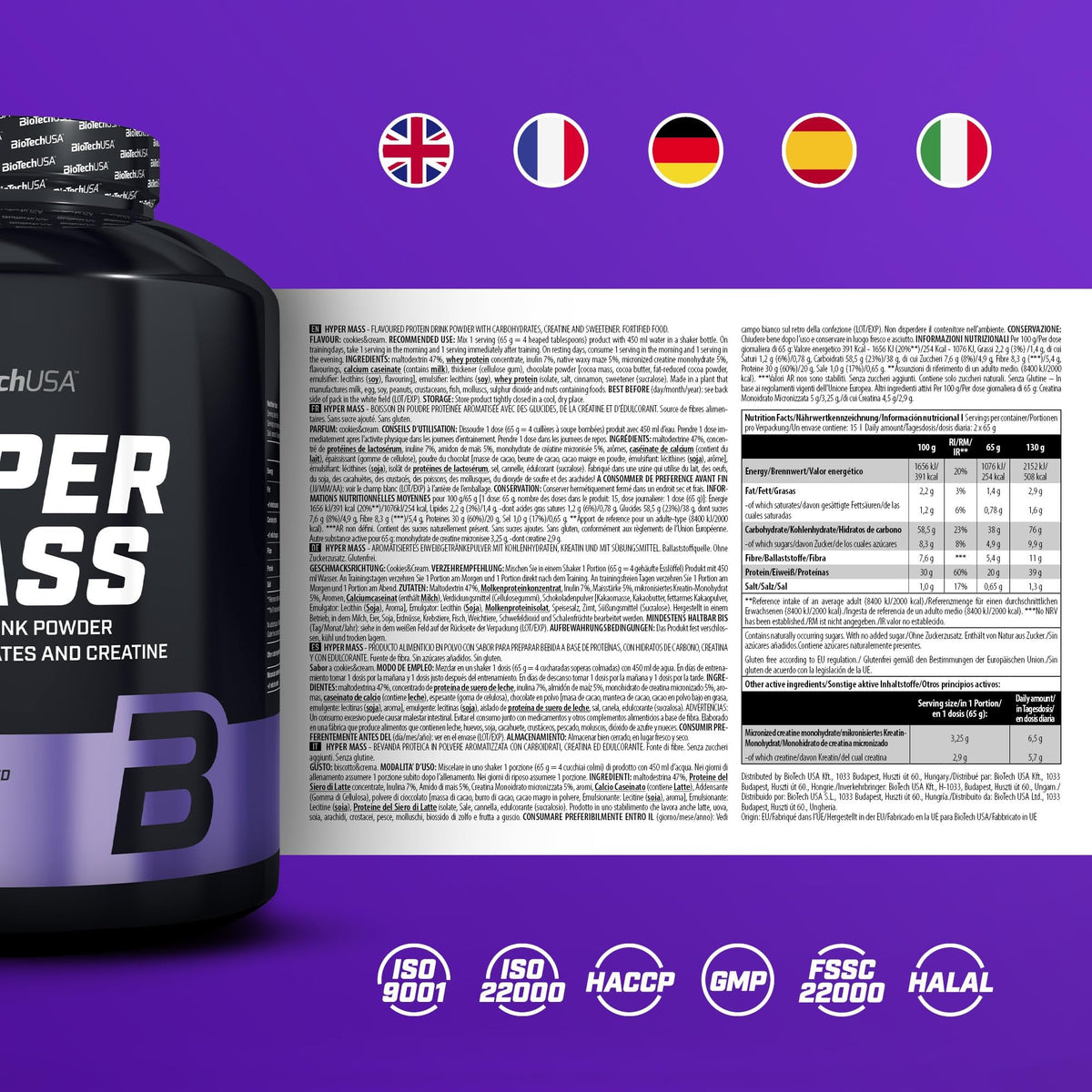 Nutrition facts for BioTechUSA Hyper Mass 4KG - Cookies & Cream