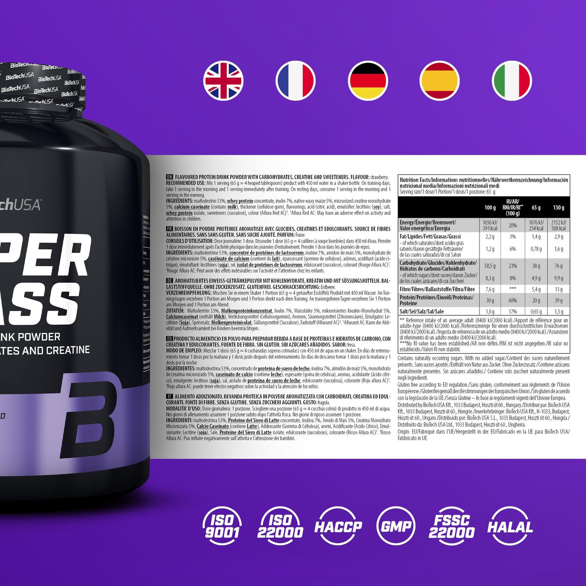 Nutrition facts for BioTechUSA Hyper Mass 4KG - Strawberry