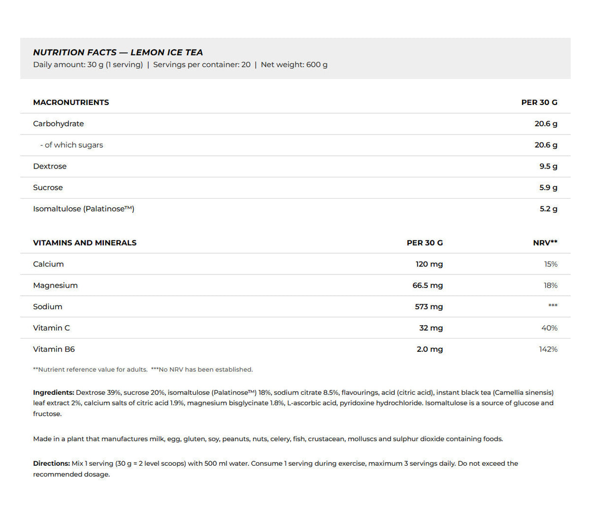 Nutrition facts for BioTechUSA Iso Tonic 600G - Lemon Ice Tea