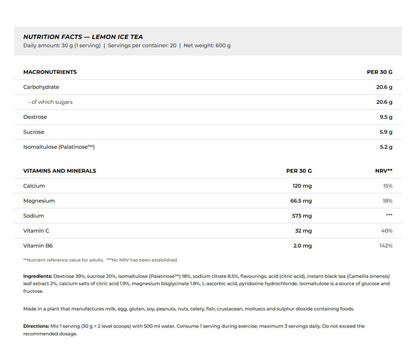 Nutrition facts for BioTechUSA Iso Tonic 600G - Lemon Ice Tea