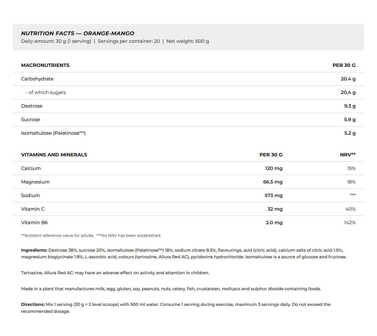 Nutrition facts for BioTechUSA Iso Tonic 600G - Orange Mango