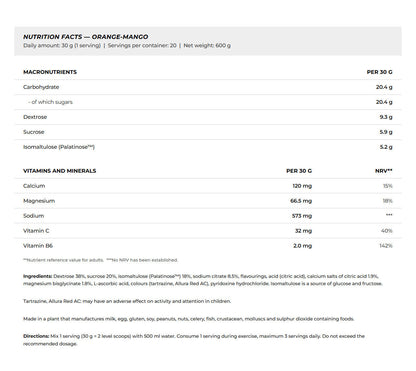 Nutrition facts for BioTechUSA Iso Tonic 600G - Orange Mango