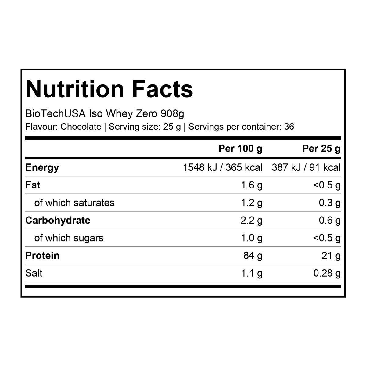 Nutrition facts for BioTechUSA Iso Whey Zero 908g - Chocolate