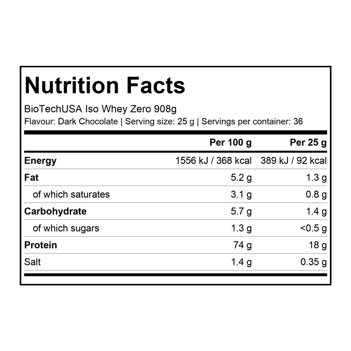Nutrition facts for BioTechUSA Iso Whey Zero 908g - Dark Chocolate