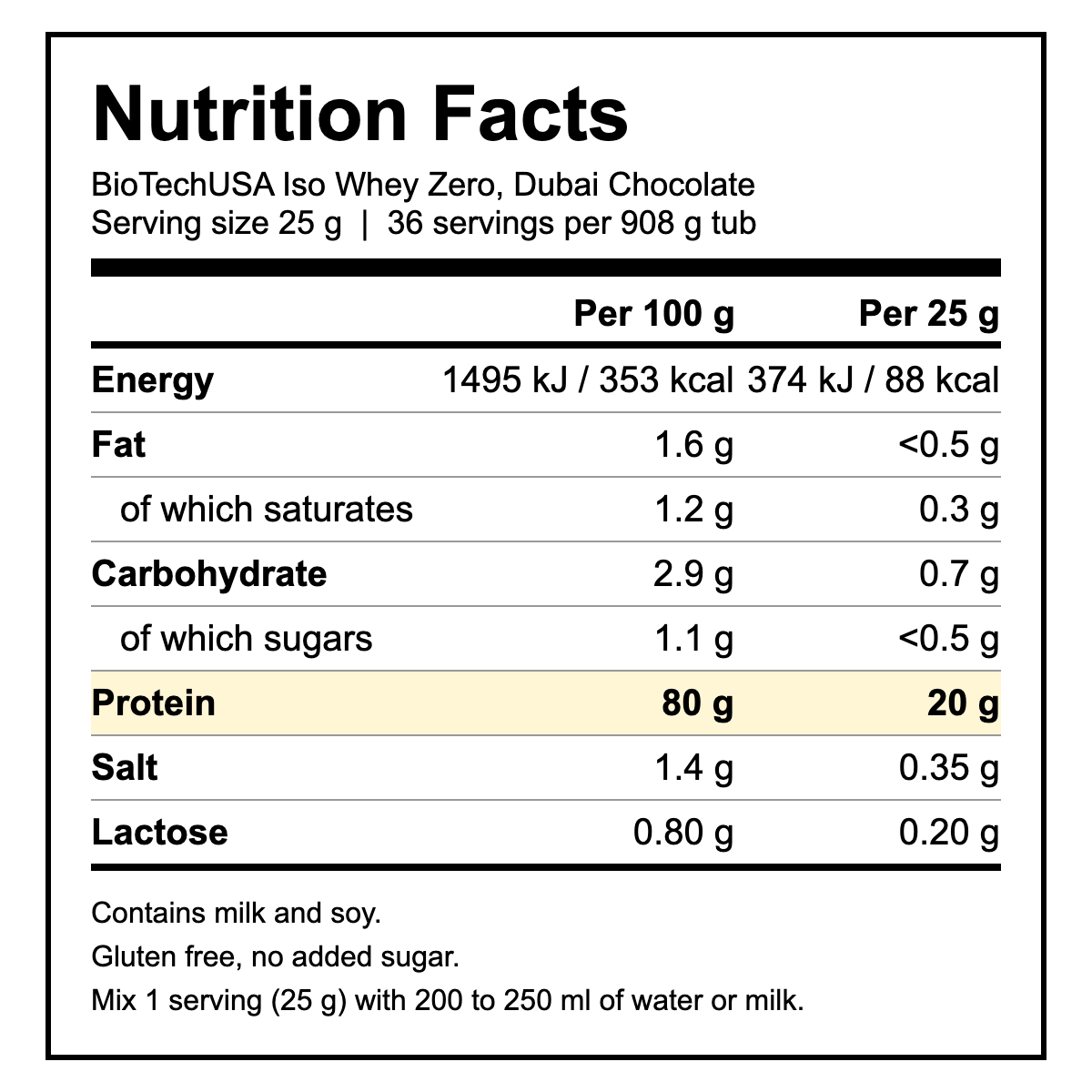 Nutrition facts for BioTechUSA Iso Whey Zero 908g, Dubai Chocolate Limited Edition