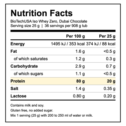 Nutrition facts for BioTechUSA Iso Whey Zero 908g, Dubai Chocolate Limited Edition