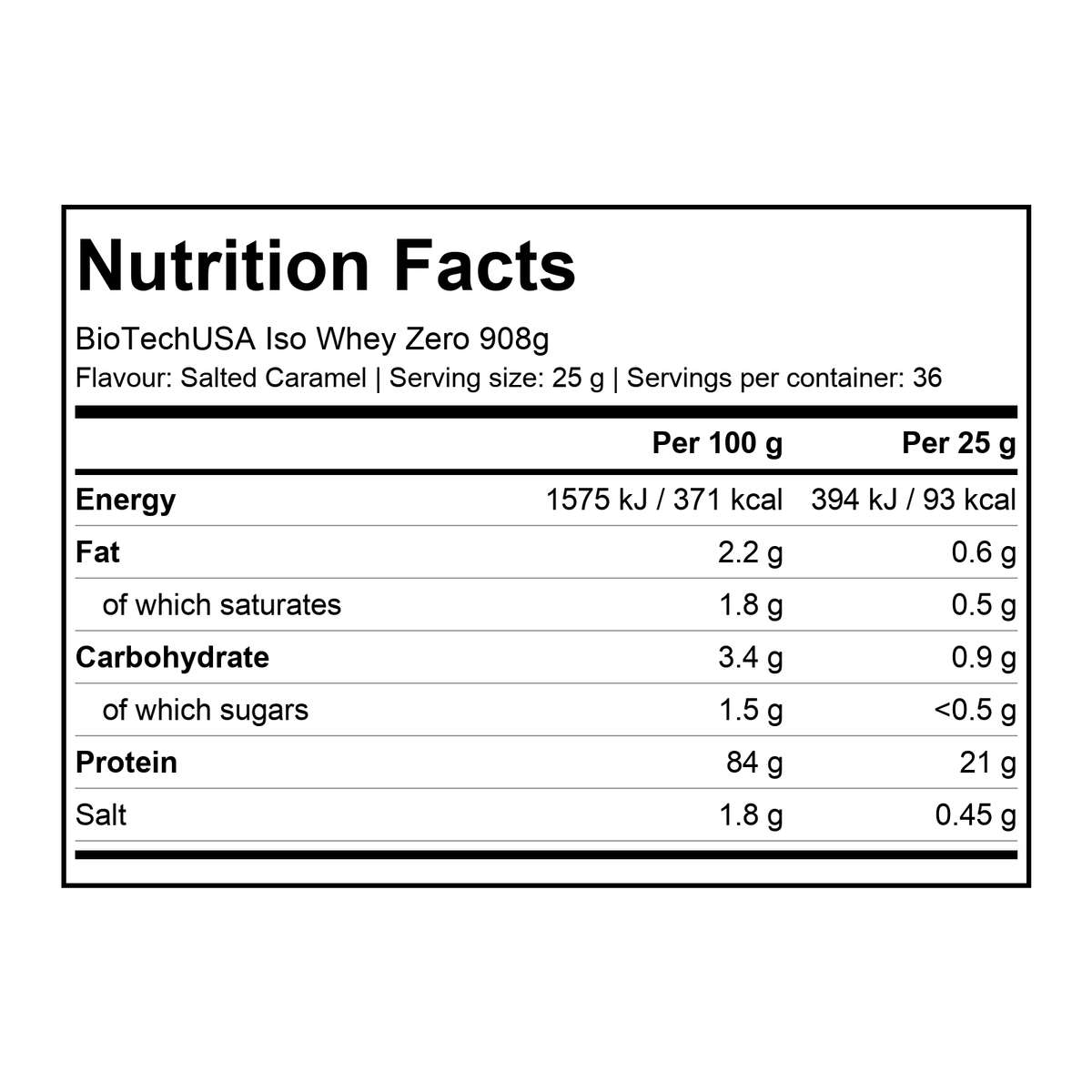 Nutrition facts for BioTechUSA Iso Whey Zero 908g - Salted Caramel