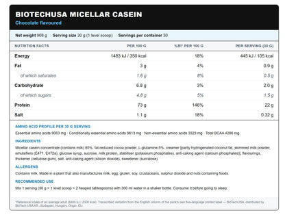 Nutrition facts for BioTechUSA Micellar Casein 908G - Chocolate