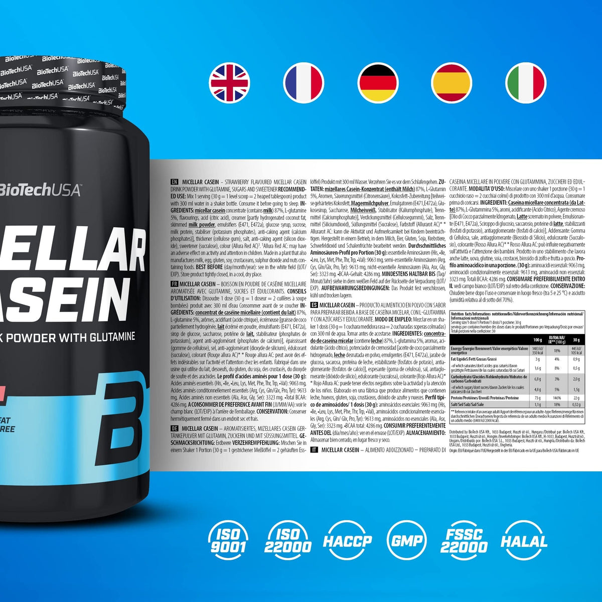 Nutrition facts for BioTechUSA Micellar Casein 908G - Strawberry