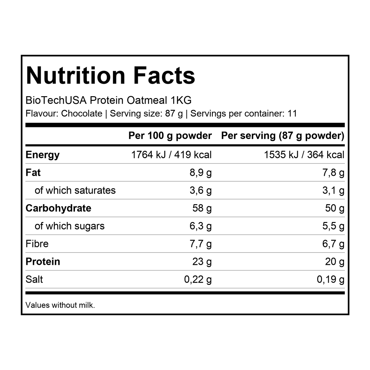 Nutrition facts for BioTechUSA Protein Oatmeal 1KG - Chocolate