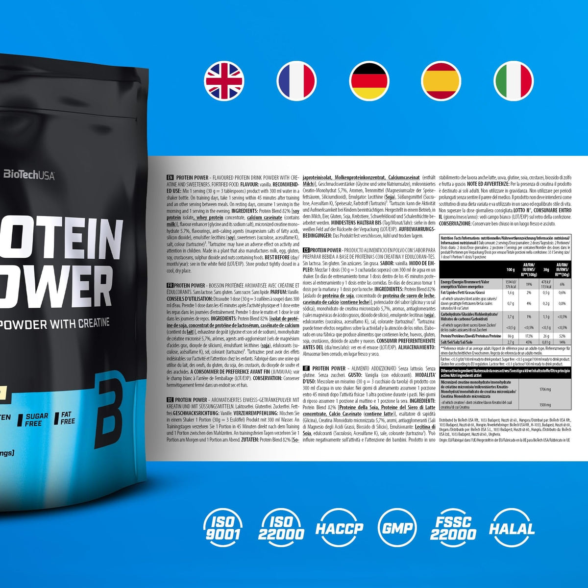 Nutrition facts for BioTechUSA Protein Power 1kg (33 Servings) - Vanilla