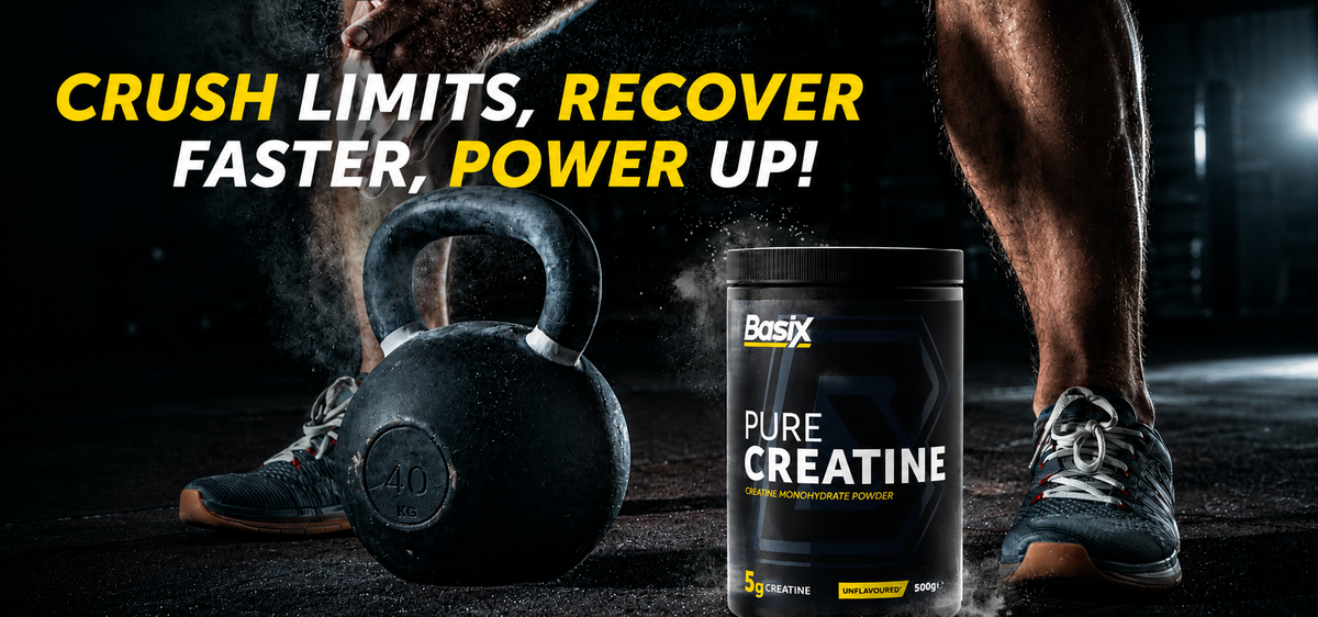Basix Pure Creatine tub next to a kettlebell: crush limits, recover faster, power up