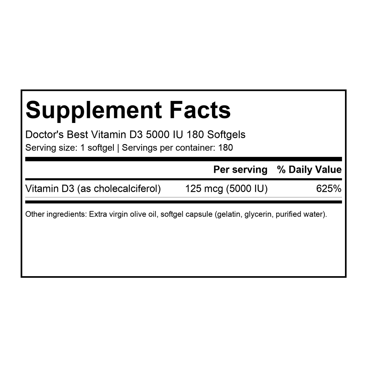 Supplement facts for Doctor's Best Vitamin D3 5000 IU 180 Softgels