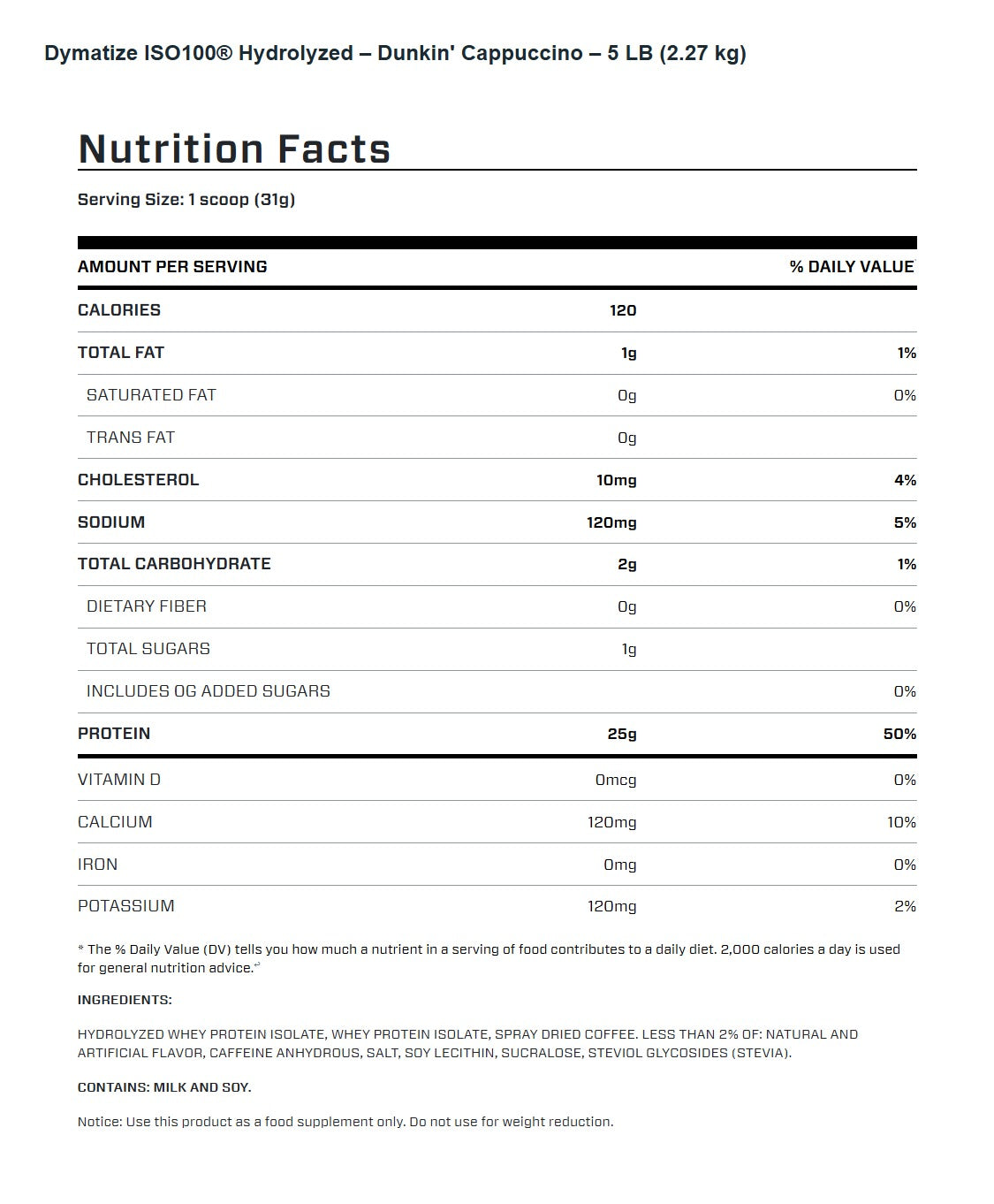 Nutrition facts for Dymatize ISO100 Hydrolyzed Protein Powder 5LBS - Dunkin' Cappuccino