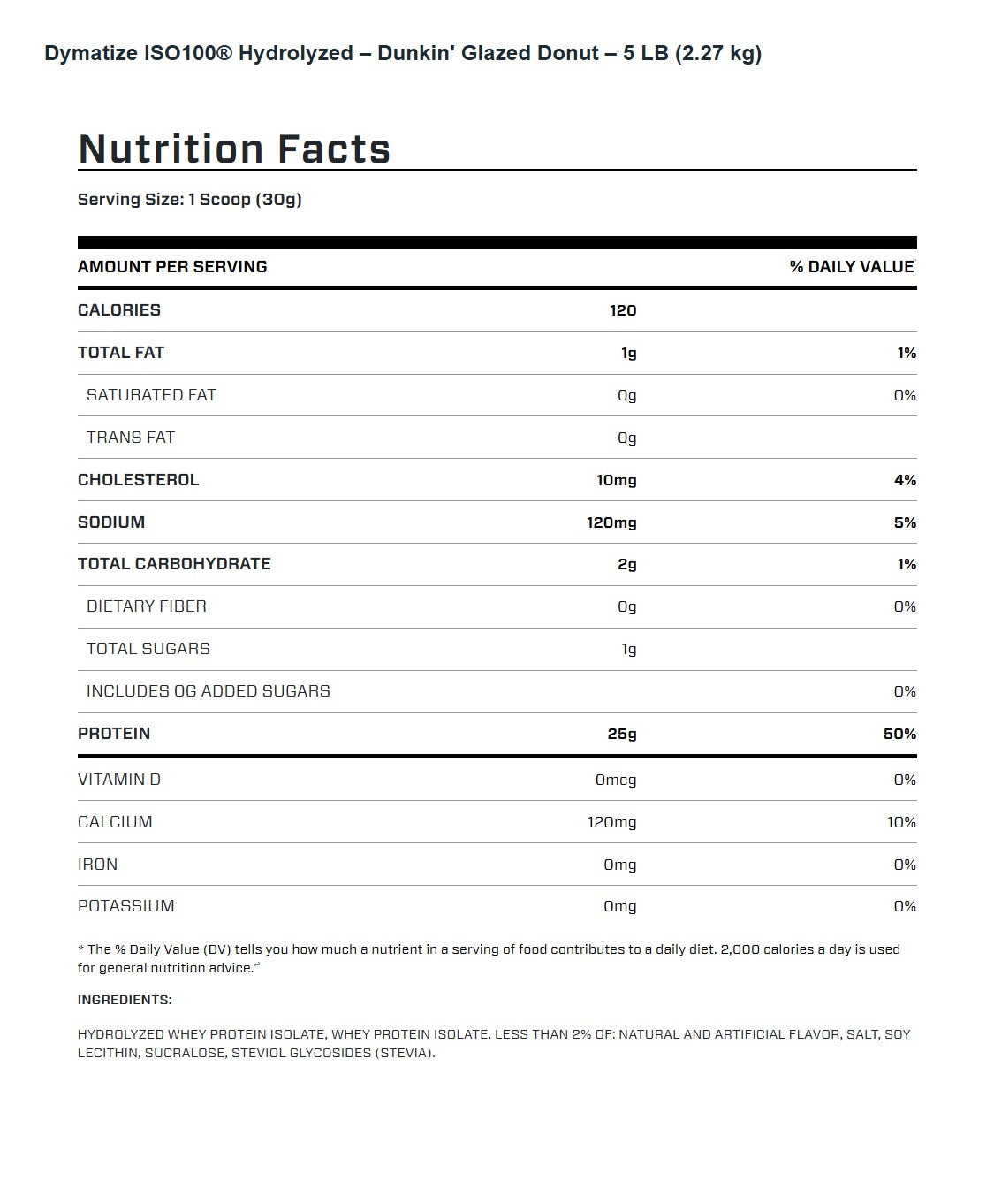 Nutrition facts for Dymatize ISO100 Hydrolyzed Protein Powder 5LBS - Dunkin' Glazed Donut