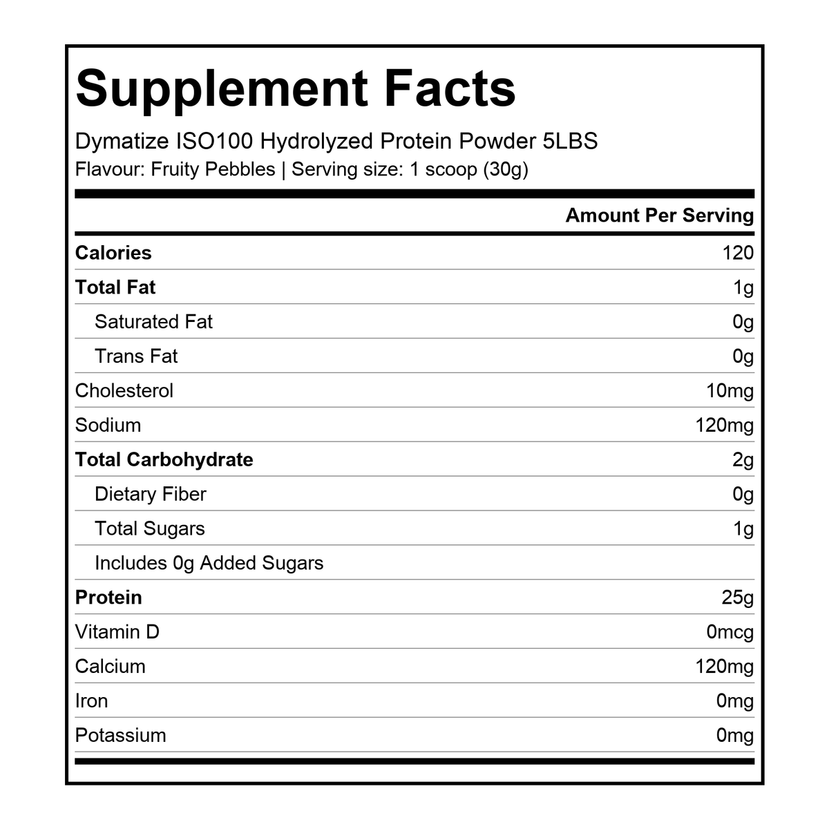 Nutrition facts for Dymatize ISO100 Hydrolyzed Protein Powder - Fruity Pebbles
