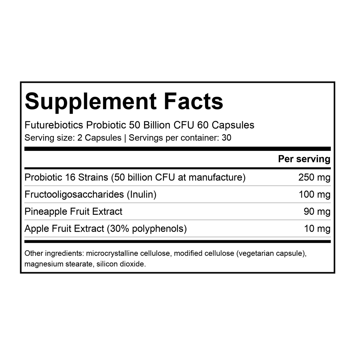 Supplement facts for Futurebiotics Probiotic 50 Billion CFU