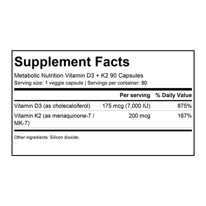 Supplement facts for Metabolic Nutrition Vitamin D3 + K2 90 Capsules