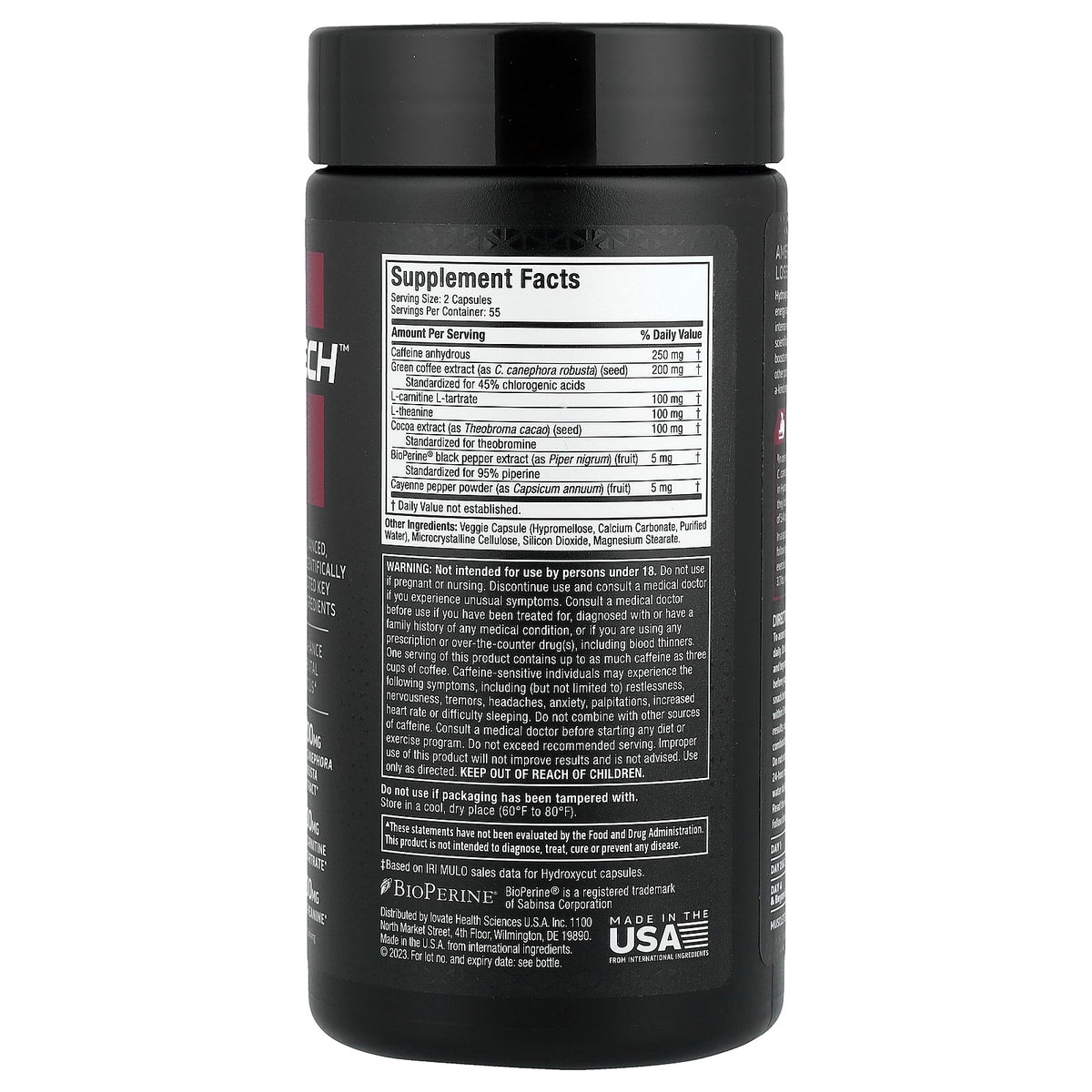 MuscleTech Hydroxycut Hardcore Elite 110 Capsules: back label