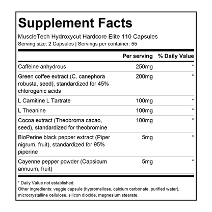 Supplement facts for MuscleTech Hydroxycut Hardcore Elite 110 Capsules