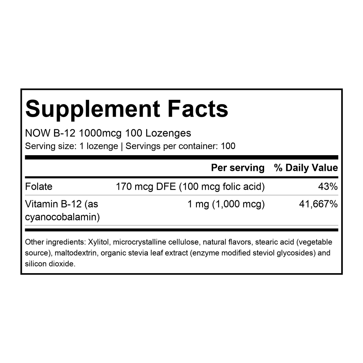 Supplement facts for NOW B-12 1000mcg 100 Lozenges