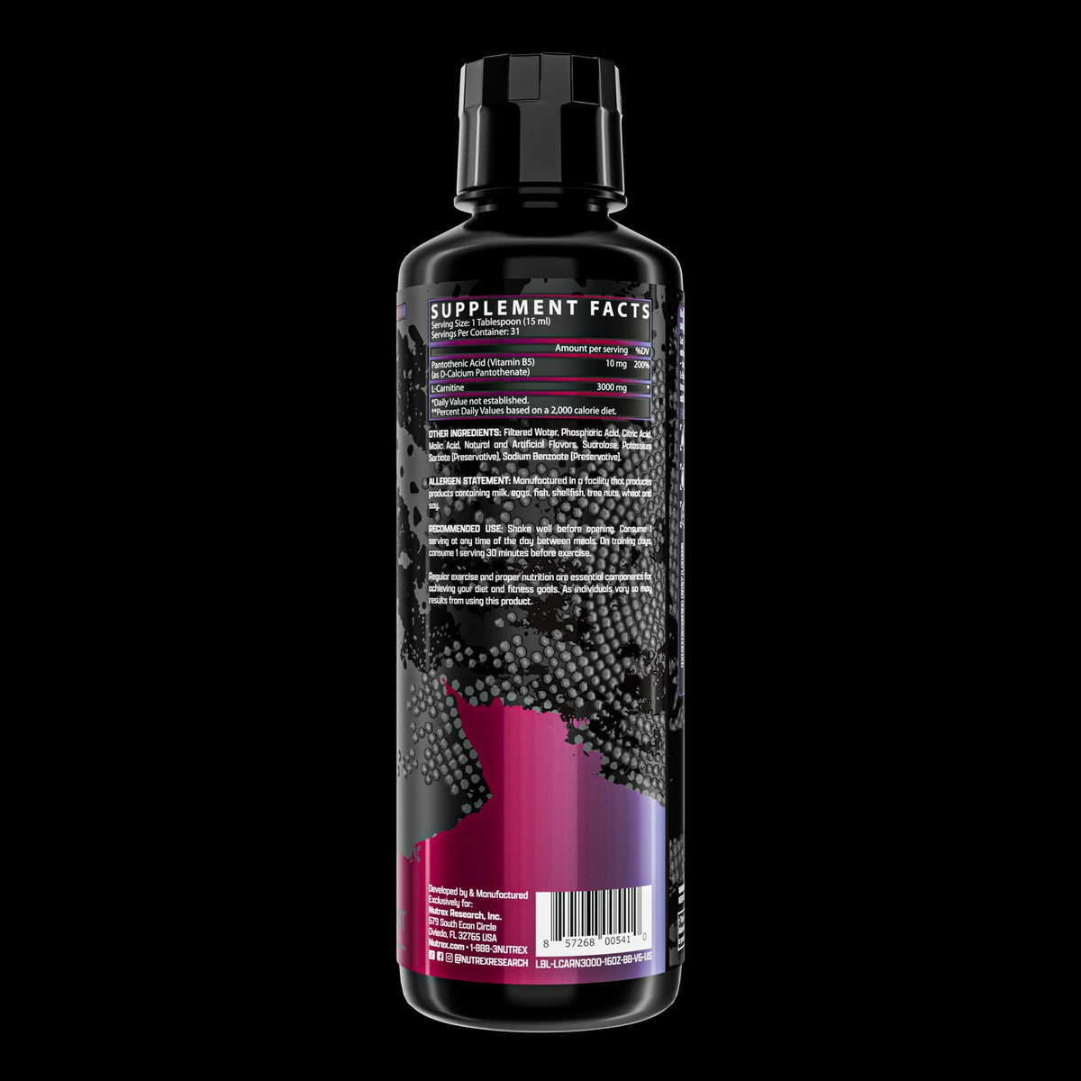 Nutrex Liquid Carnitine 3000 (31 Servings) Berry Blast: back label