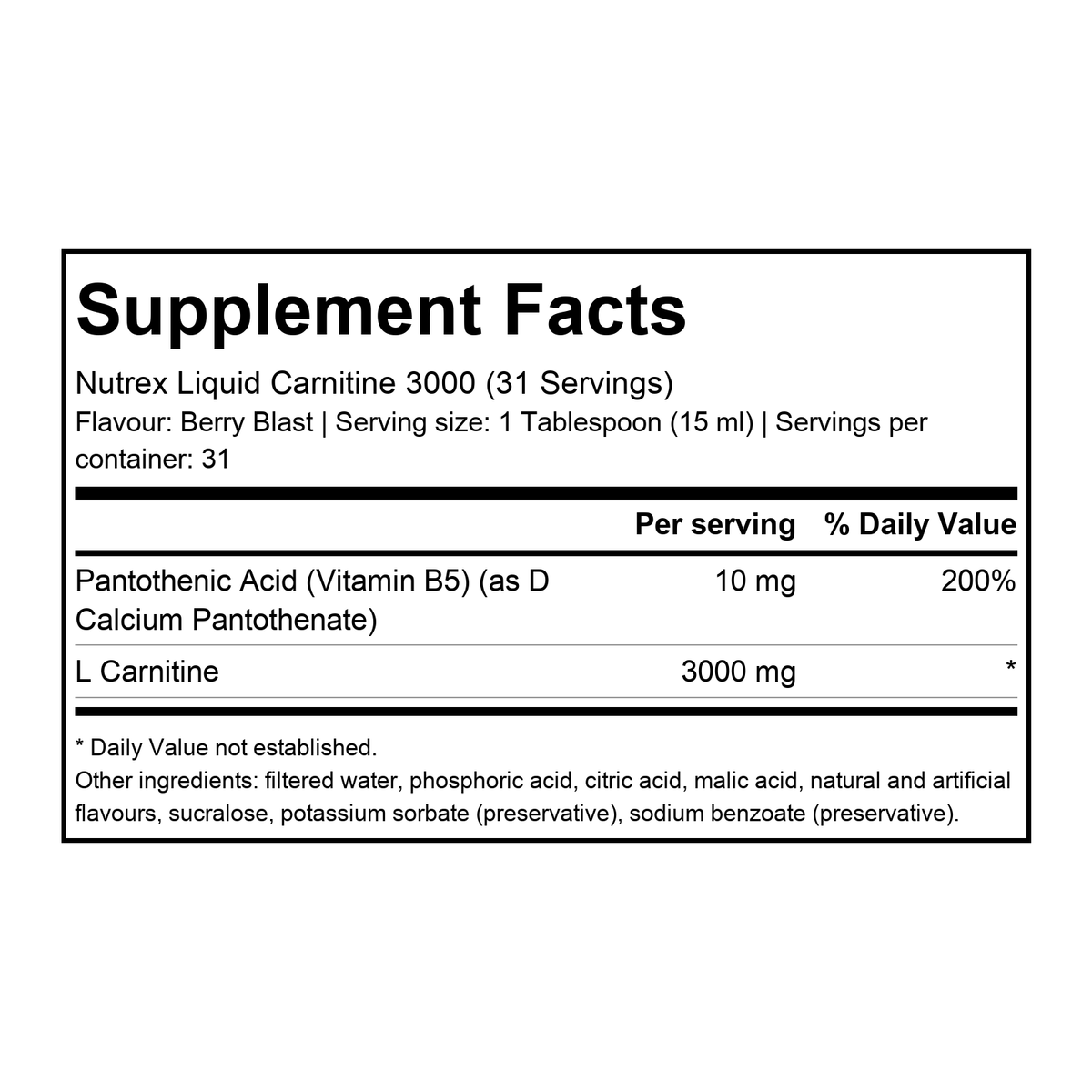 Supplement facts for Nutrex Liquid Carnitine 3000 (31 Servings) Berry Blast