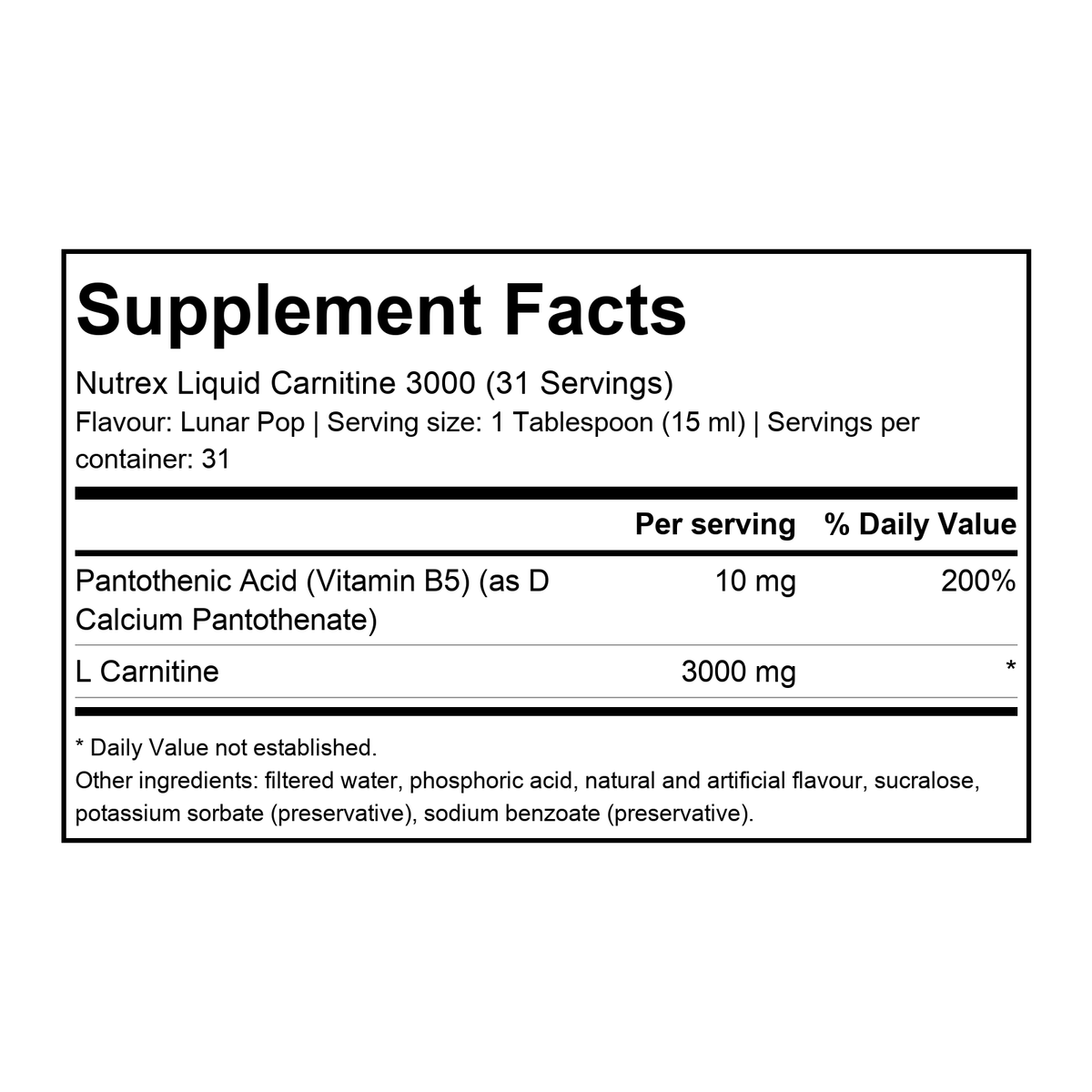 Supplement facts for Nutrex Liquid Carnitine 3000 (31 Servings) Lunar Pop