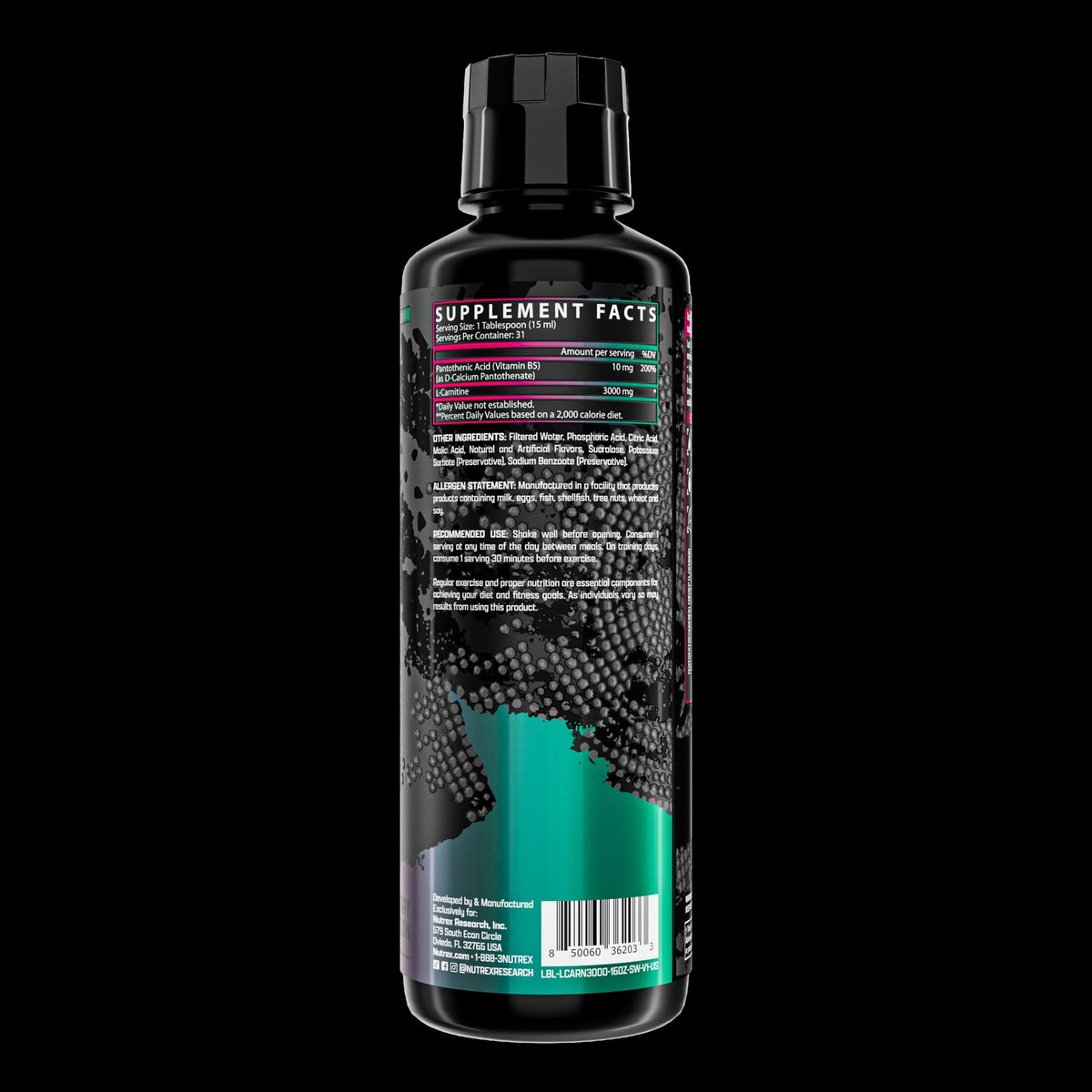 Nutrex Liquid Carnitine 3000 (31 Servings) Strawberry Watermelon: back label