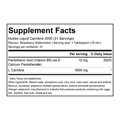 Supplement facts for Nutrex Liquid Carnitine 3000 (31 Servings) Strawberry Watermelon