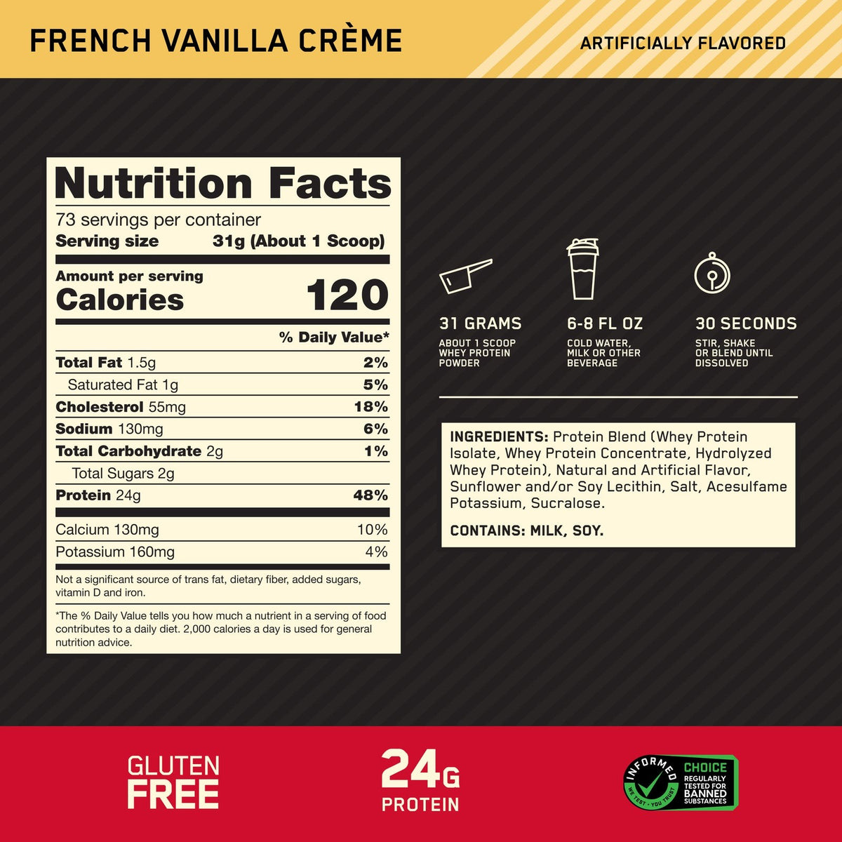 Nutrition facts for Optimum Nutrition 100% WHEY GOLD STANDARD 5LBS - French Vanilla Creme
