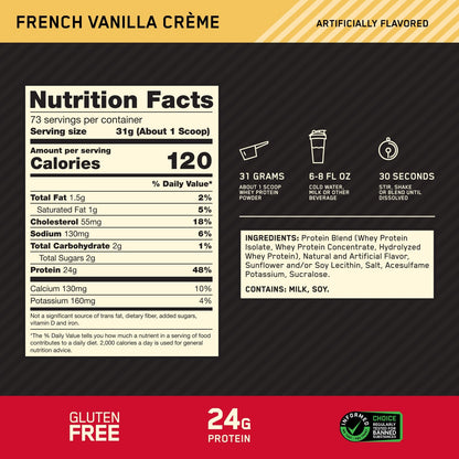 Nutrition facts for Optimum Nutrition 100% WHEY GOLD STANDARD 5LBS - French Vanilla Creme