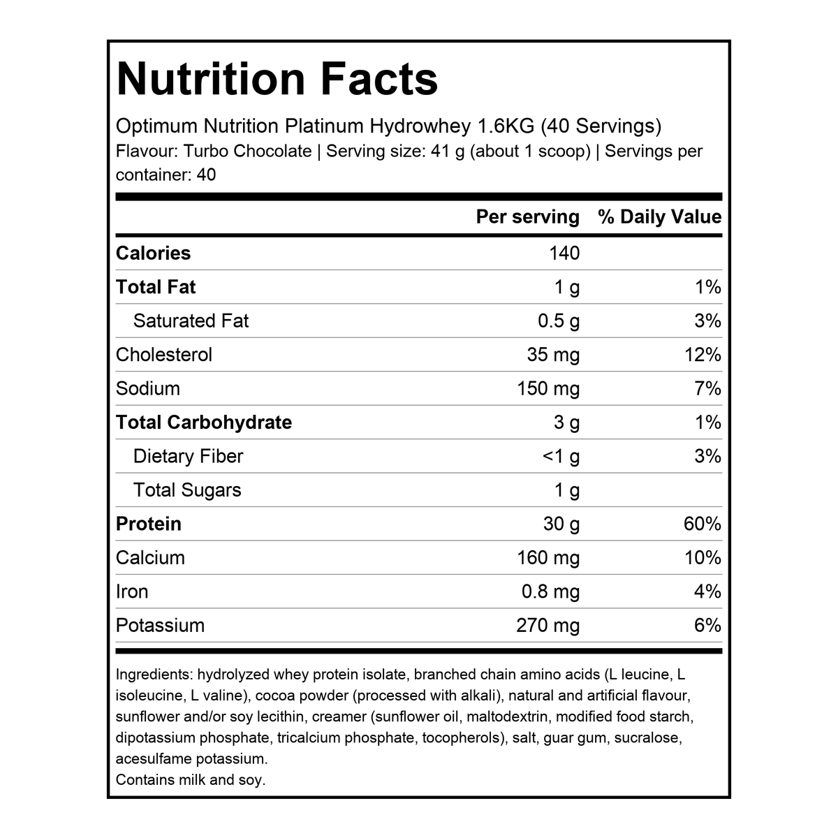 Nutrition facts for Optimum Nutrition Platinum Hydrowhey 1.6KG (40 Servings) Turbo Chocolate