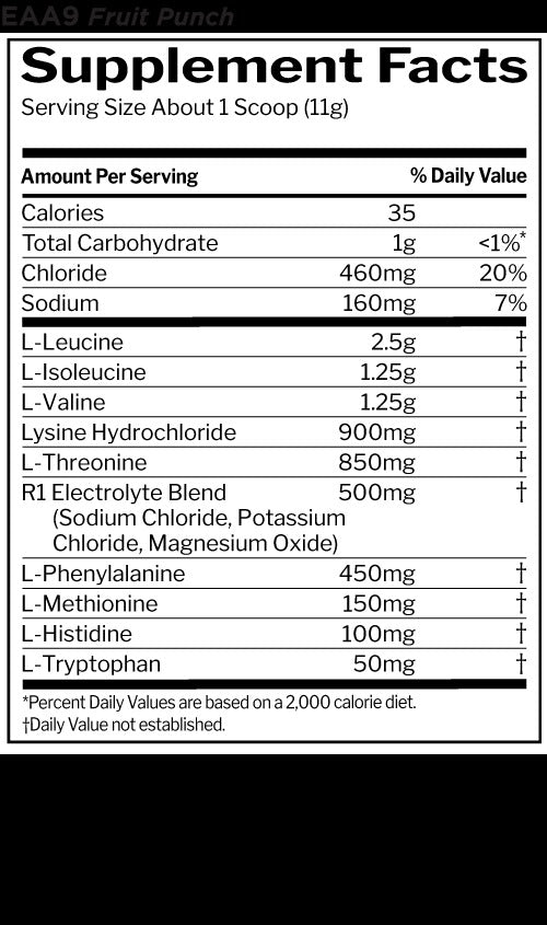 Nutrition facts for Rule 1 R1 Essential Amino 9 - Fruit Punch