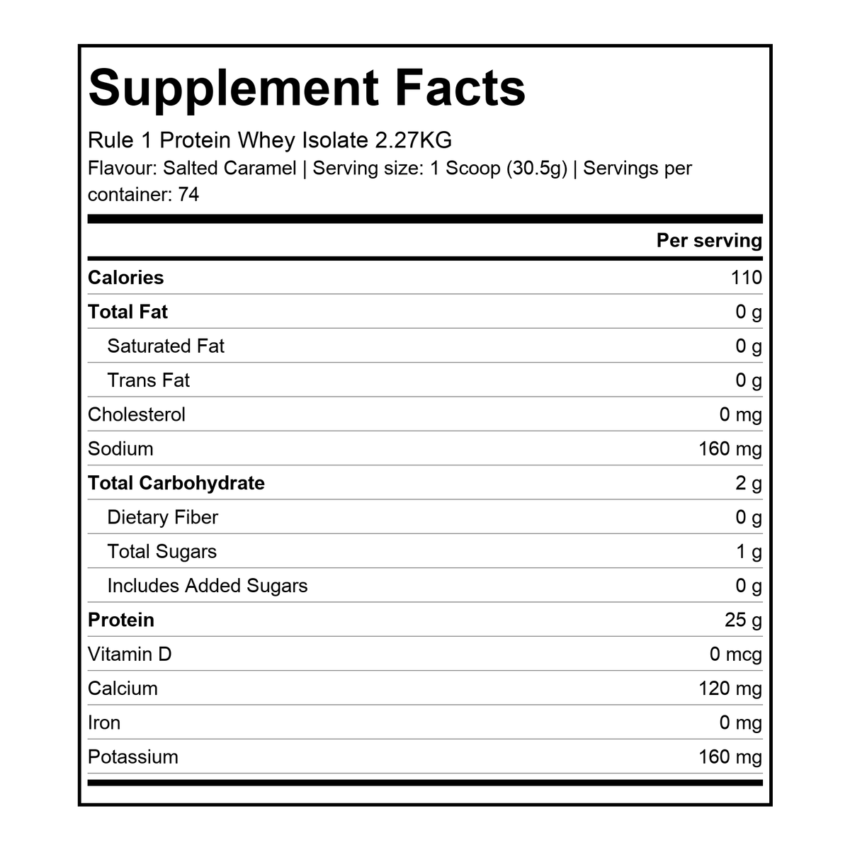 Nutrition facts for Rule 1 R1 Protein Whey Isolate 5lbs - Salted Caramel